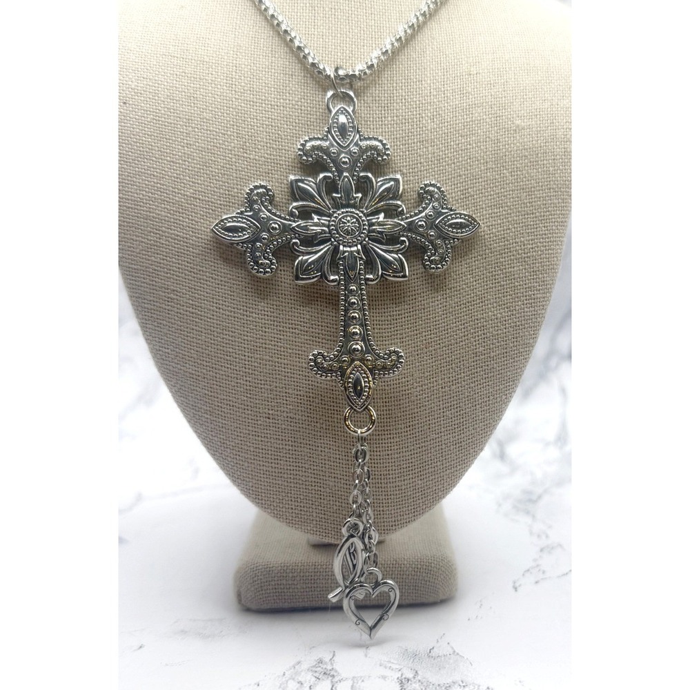 Reversible Silver Cross Necklace‎ Charm Pendant Heart Wing Dangles 18-20"